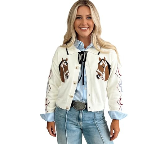 Women's Horse Intarsia Knit Cardigan Sweater, Cream, Button-Front with Tie, Western Cowgirl Style | Amazon (US)