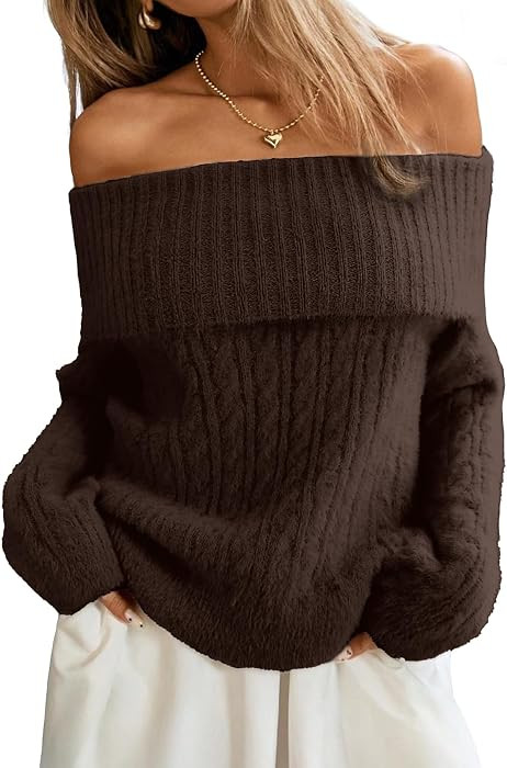ELLEVEN Women's Off Shoulder Cable Knit Sweater, Soft Oversized Pullover | Amazon (US)