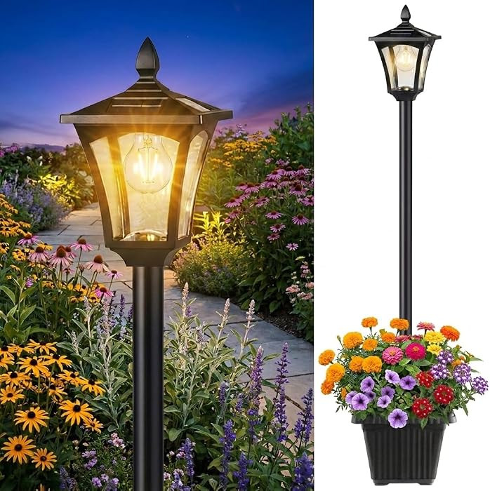 76" Solar Lamp Post Lights with Planter, Glass & Metal Street Light Outdoor Waterproof, 60 Lumens... | Amazon (US)