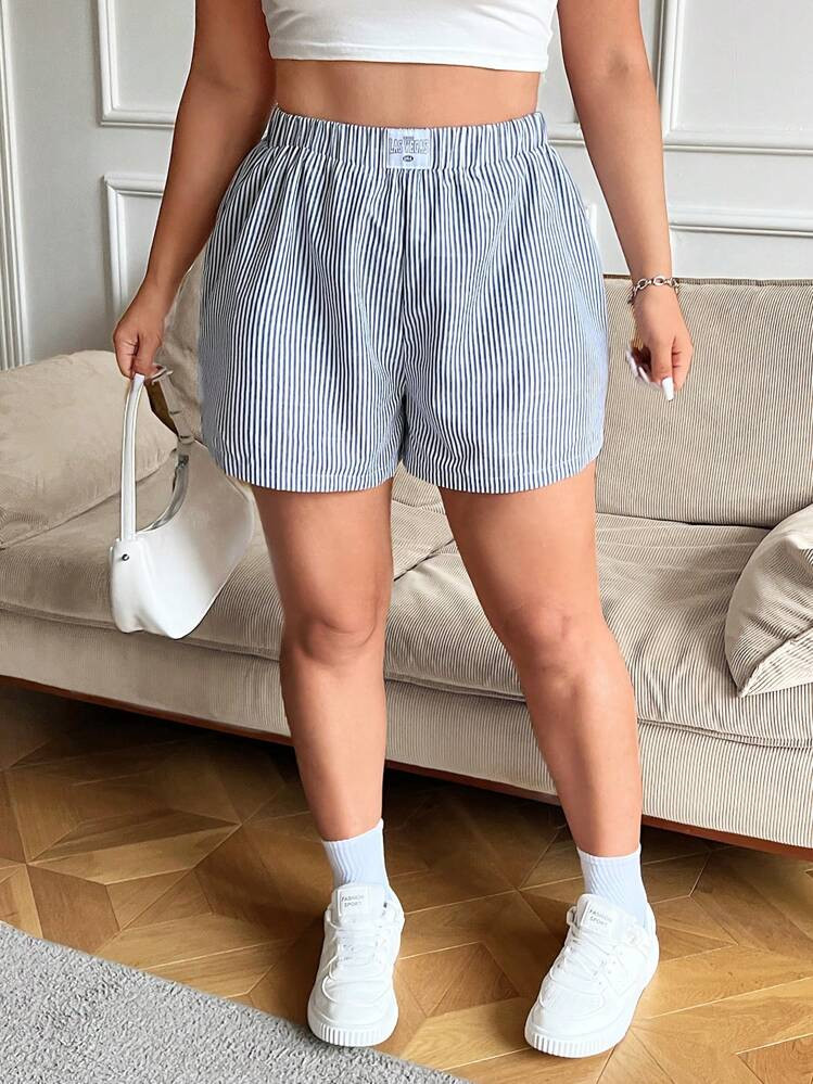 SHEIN EZwear Plus Size Women Striped Slim Fit Shorts With Elastic Waistband For Summer | SHEIN