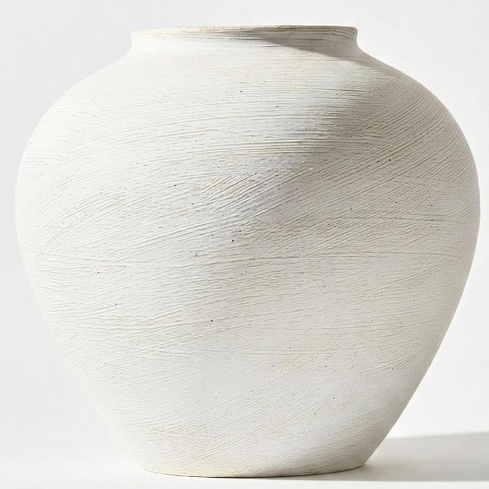 Large White Vase for Centerpieces - 11" Wide Textured Stone Look Metal Flower Vase for Table Deco... | Amazon (US)