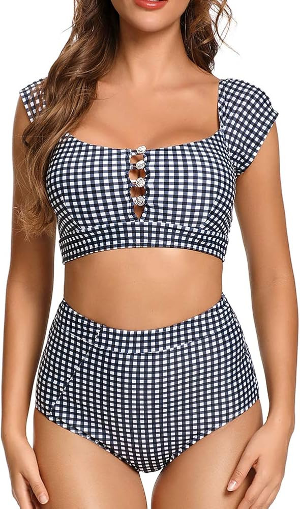 Women's Retro High Waisted Bikini Two Pieces Swimsuits 50s Cap Sleeve Swimwear Bathing Suit | Amazon (US)
