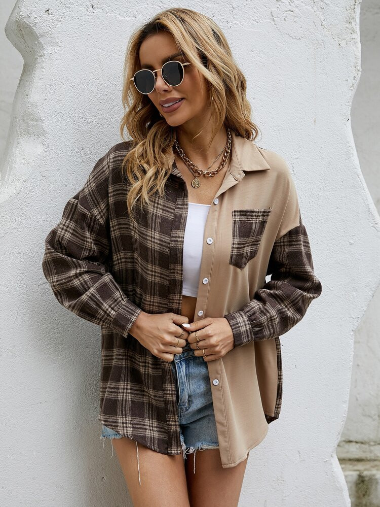 Plaid Print Colorblock Button Front Shirt | SHEIN