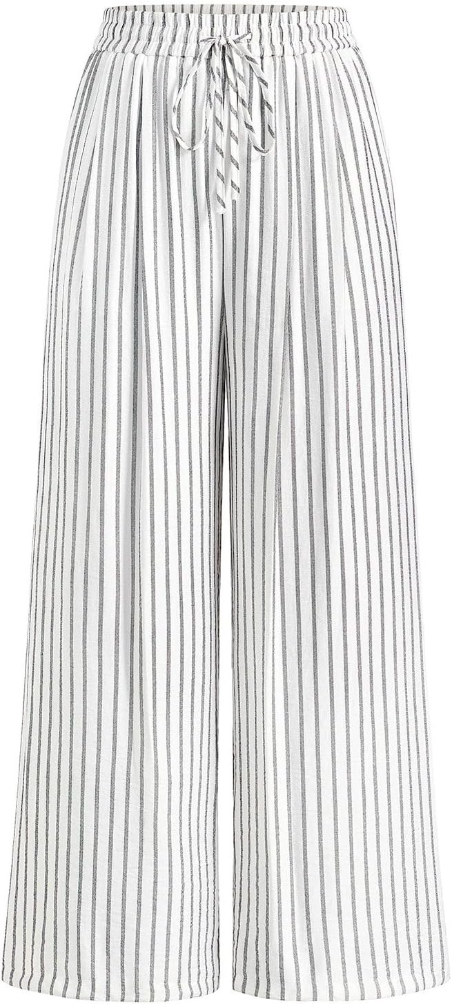 PRETTYGARDEN Womens Pants Elastic Waist Striped Lightweight Palazzo Pant | Amazon (US)