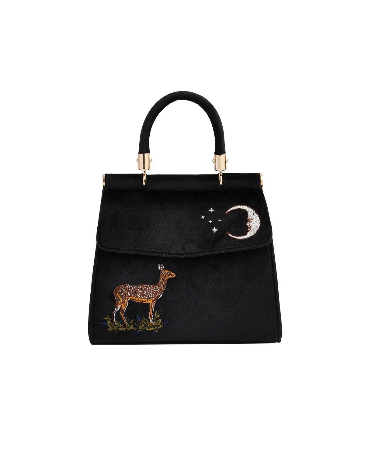 Deer & Moon Embroidered Black Velvet Tote | Fable England