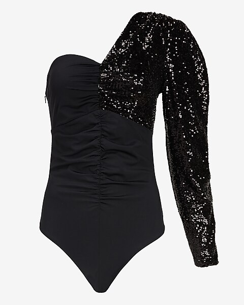 Sequin One Shoulder Thong Bodysuit | Express
