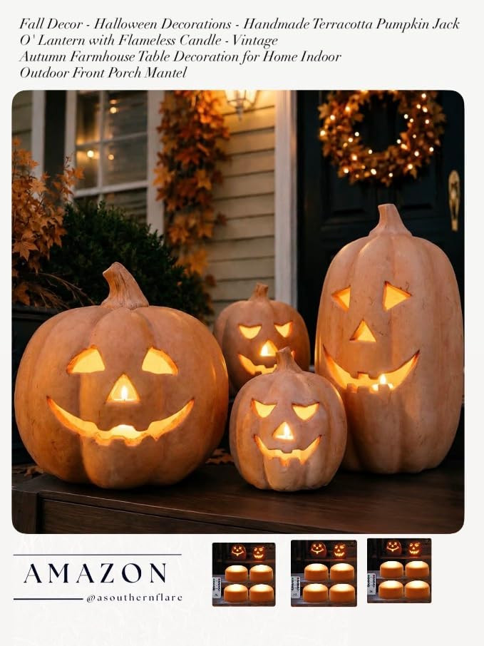 Spooky season is here! These terracotta pumpkins with flameless candles will add the perfect touc... | Amazon (US)