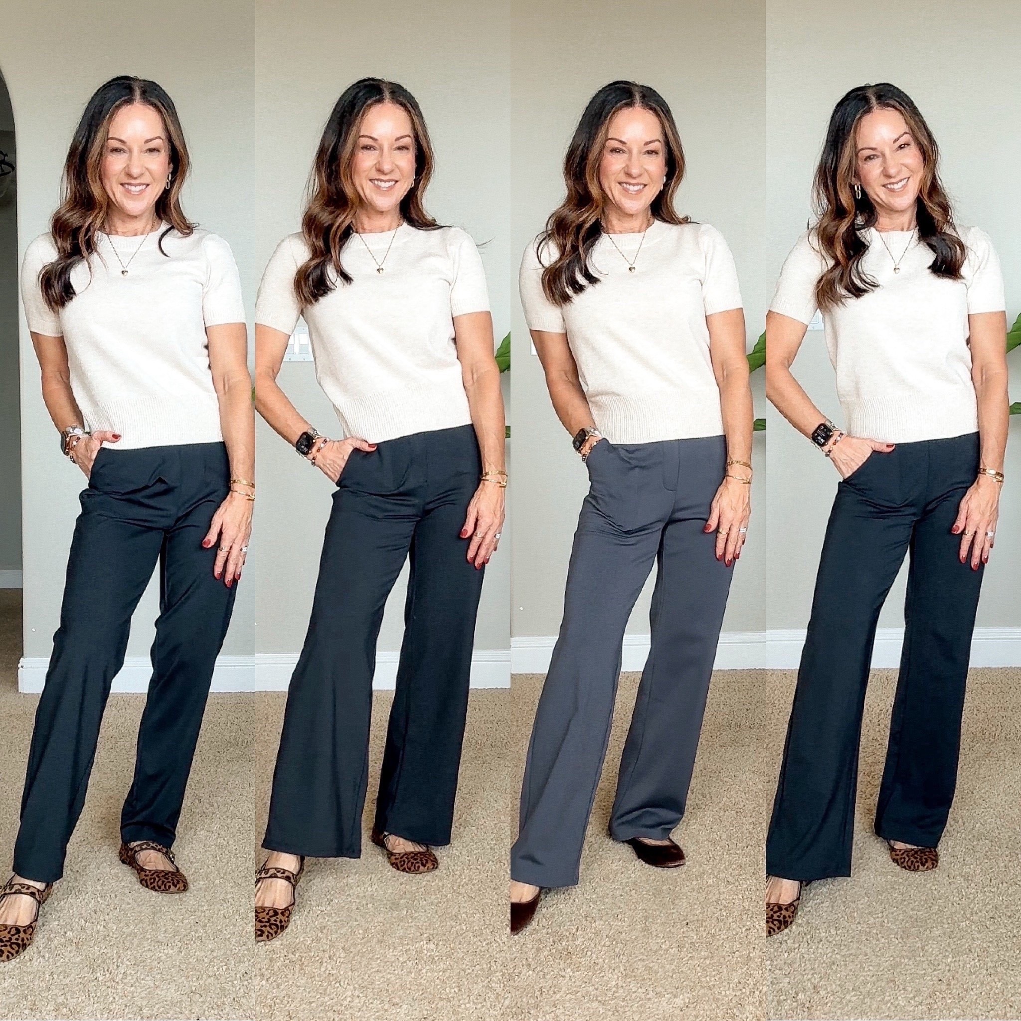 Yoga pants perfect for work, dressy occasions, or lounging. These have pockets and are available in several lengths. From left to right. Straight leg Black XS petite, Wide leg Black XS 27", Fleece lined Deep Grey XS Petite, Wide Leg Cross waist XS 29". For ref, I'm 5'1", 108lbs
Sweater XS
Shoes TTS

Workwear pants, office outfit, corporate outfit, teacher outfit, EverydayHolly

#LTKWorkwear #LTKootd #LTKPetite