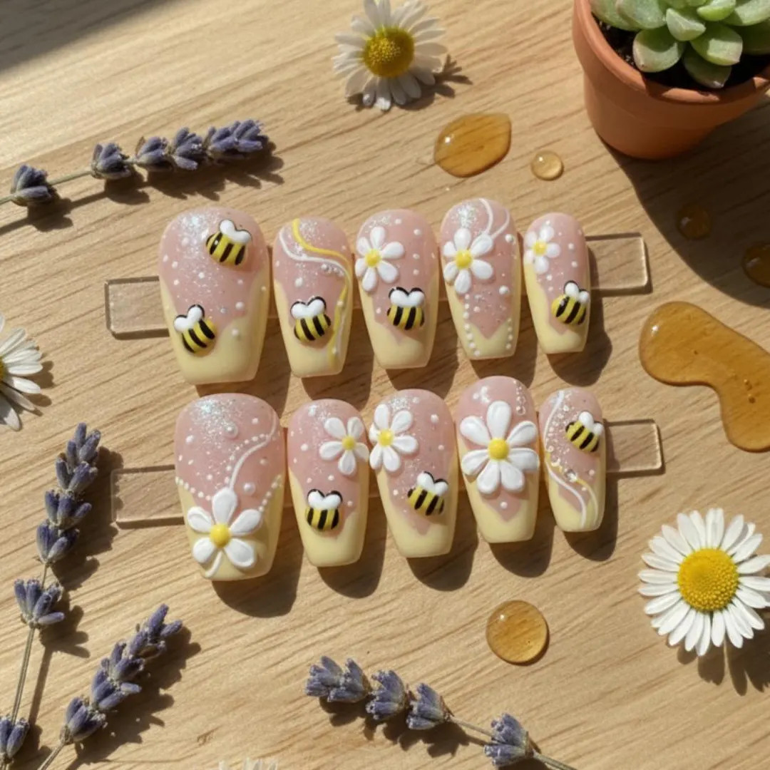 3D Bumblebee & Daisy Press-On Nails | Pastel Yellow Honey Spring Cottagecore Nail Art | Etsy (US)