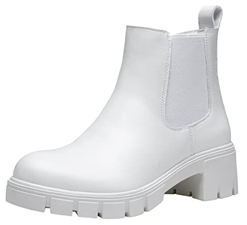Jeossy Womens Chelsea Ankle Boots, Platform Chunky Low Heel Slip on Booties, Lug Sole Fashion Short Boots, 9606 - White, Size 9.5 (DJY9606 White 09.5) | Amazon (US)