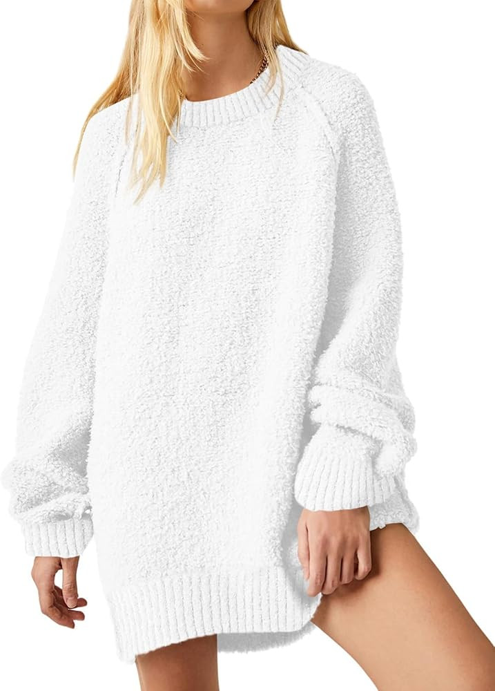 Saodimallsu Womens Oversized Sweater 2024 Fall Trendy Fuzzy Crew Neck Long Sleeve Casual Tunic Sw... | Amazon (US)