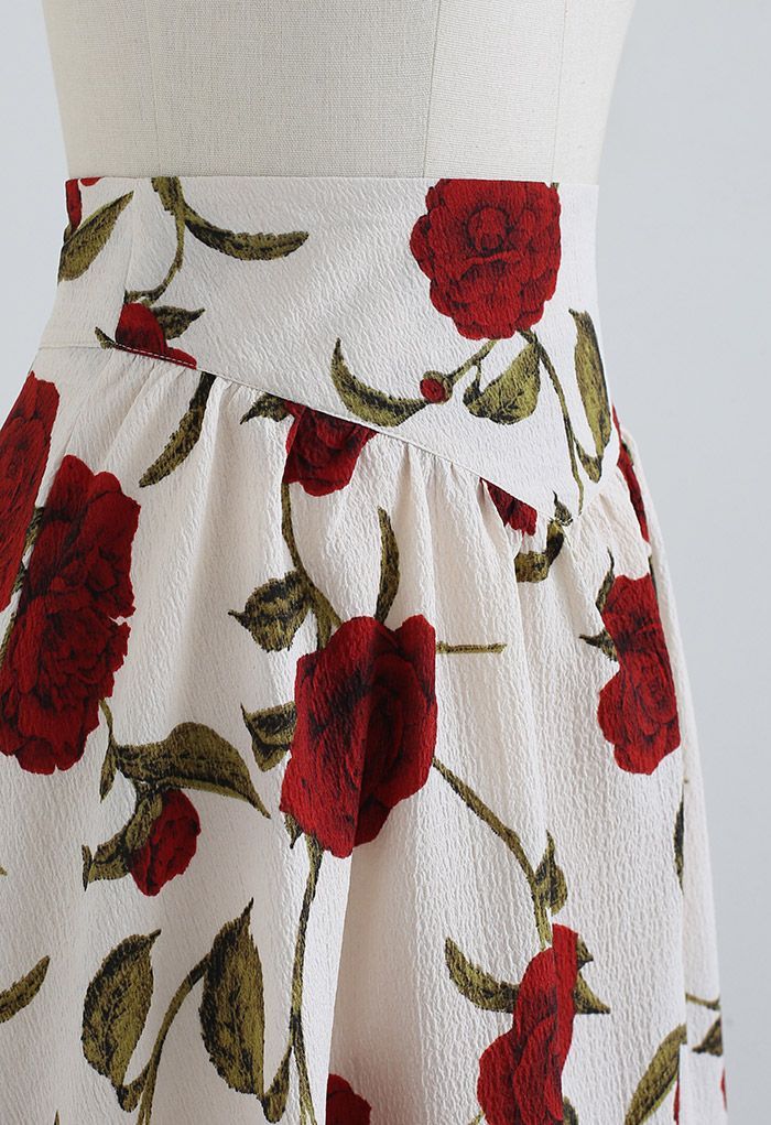 Serene Red Rose Embossed Flare Midi Skirt | Chicwish