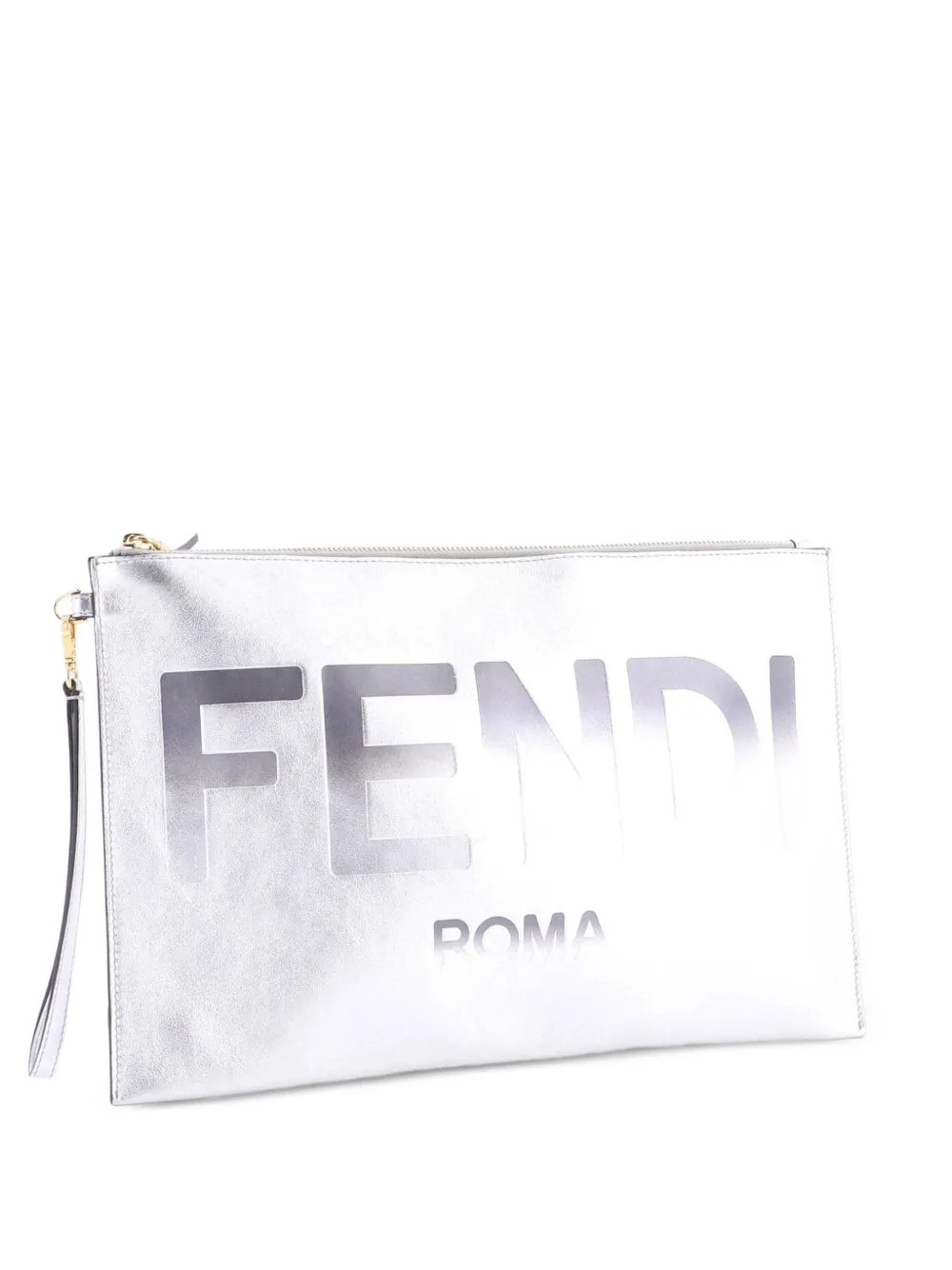 Fendi Pre-Owned Logo Flat Wristlet Pouch Embossed Leather Large Clutch Bag | Silver | FARFETCH | Farfetch Global
