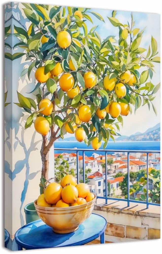ZQQART Lemon Pictures for Wall Kitchen Fruit Wall Decor Yellow Citrus with Blue Pottery Canvas Pr... | Amazon (UK)