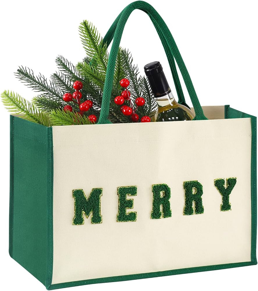 15.5" Canvas Large Christmas Gift Bags with Handles, Reusable Chenille Merry Patches Grocery Shop... | Amazon (US)