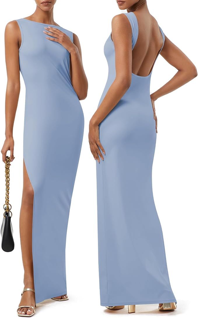 Women's Sexy Backless Maxi Dress High Neck Sleeveless Bodycon Dresses for Women Stretchy Side Sli... | Amazon (US)