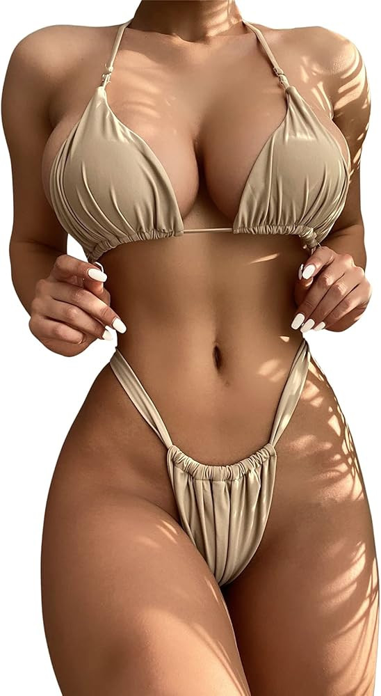 SheIn Women's Sexy 2 Pcs Ruched Triangle Bikini Bra with Thong Swimsuit Sets | Amazon (US)