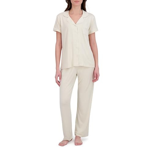 BORN Button Up Pajamas for Women Set, Recycled Stretch Knit Button Down Pajamas Short Sleeve Top and PJ Pants (Beige, Large) | Amazon (US)