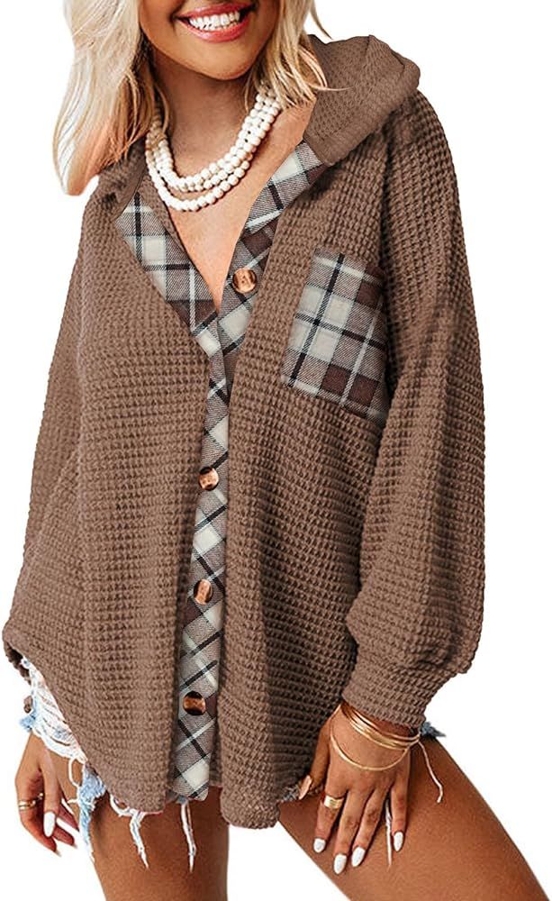 Dokotoo Womens Waffle Knit Shacket Jacket Casual Long Sleeve Button Down Shirts Dressy Blouses To... | Amazon (US)