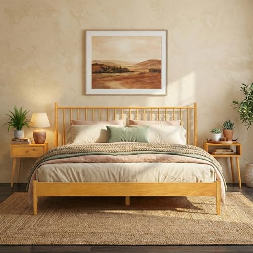 NTC Inno Wooden Bed Frame with Headboard, Solid Oak and Rubber Wood Foundation with Silent Slats and Wood Central Supports, 1000 Lb Capacity, Effortless Assembly, Queen Rustic - Oak | Amazon (US)