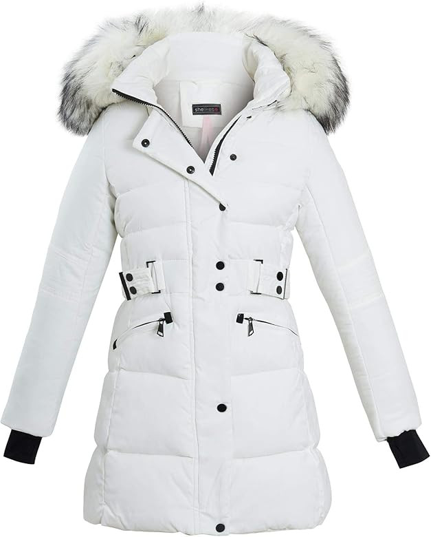 shelikes Womens Ladies Long Faux Fur Trim Hood Belted Quilted Jacket Puffer Coat Size UK 8-16 | Amazon (UK)
