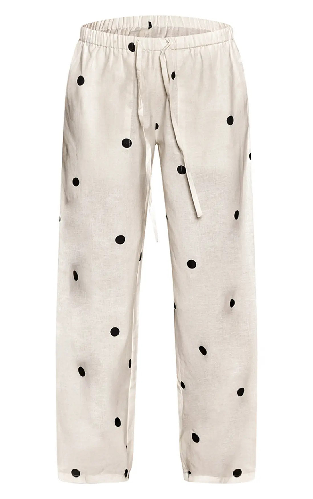 Black Polkadot Polka Dot Cotton Linen Blend Drawstring Waist Trousers | PrettyLittleThing | PrettyLittleThing UK