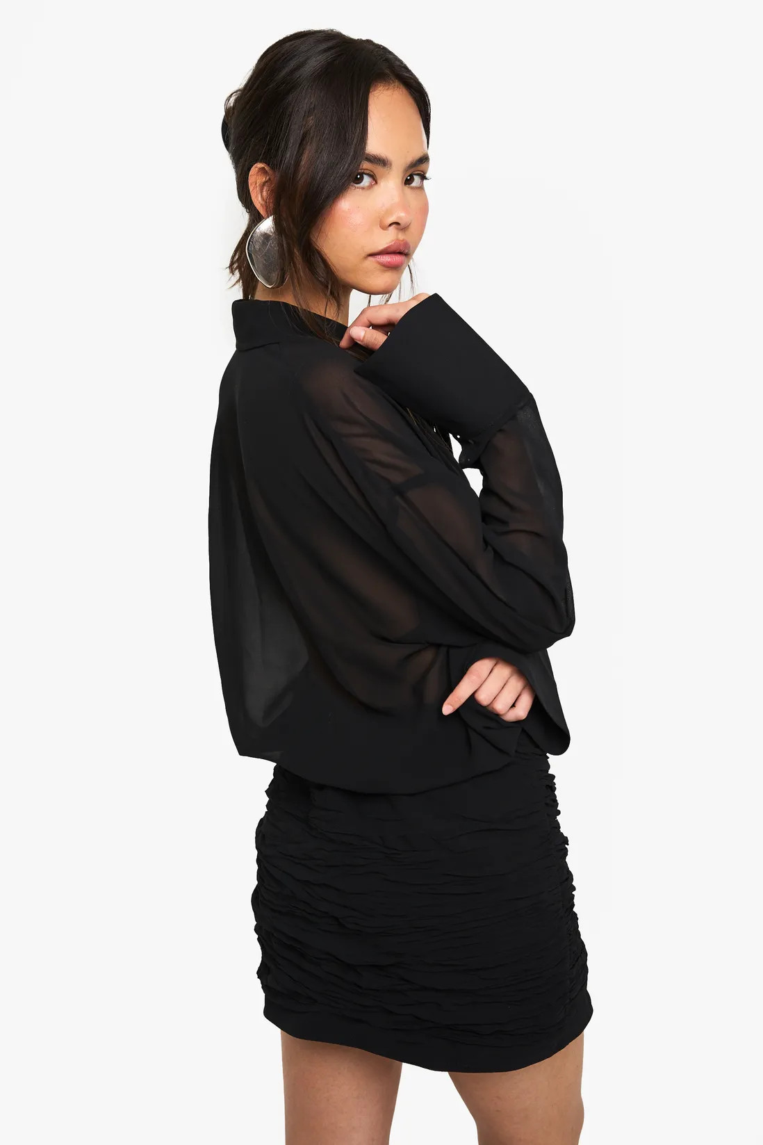 Chiffon Drop Waist Ruched Shirt Dress | Boohoo.com (UK & IE)