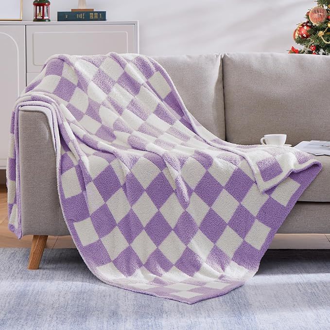 WRENSONGE Checkered Throw Blanket, Purple Microfiber Soft Cozy Fluffy Warm Hand Made Throw Blanke... | Amazon (US)