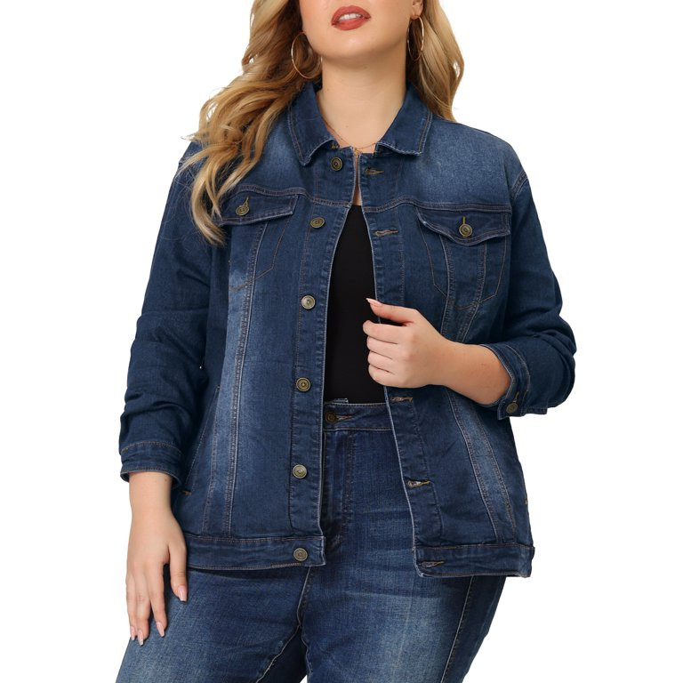 Agnes Orinda Women's Plus Size Jean Jacket Button Closed Cropped Denim Jacket | Walmart (US)
