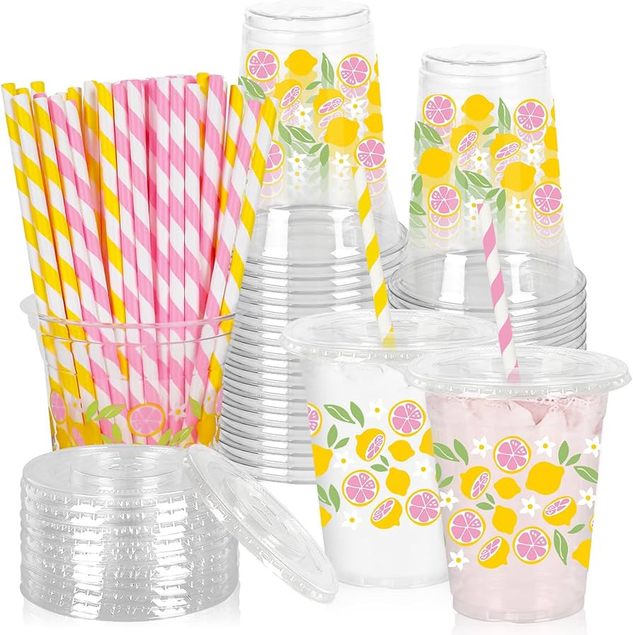 JarThenaAMCS 50 Pcs Summer Lemon Plastic Cups Disposable Cups with Lids Straws 12 Oz Pink Yellow ... | Amazon (US)