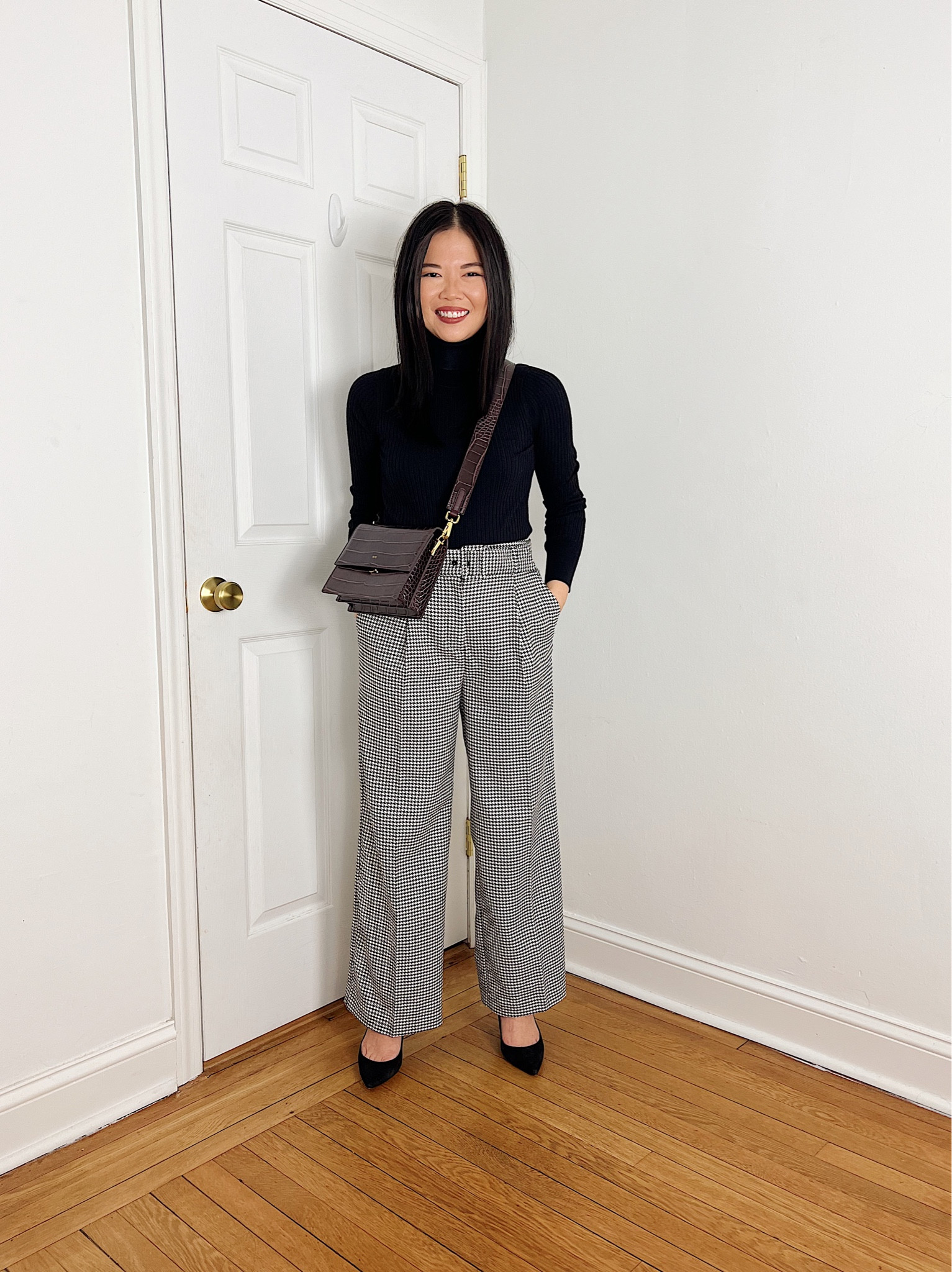 Black turtleneck top (XS)
Houndstooth pants (27P)
Burgundy bag
JW Pei bag
Black pumps 

#LTKworkwear #LTKsalealert #LTKstyletip