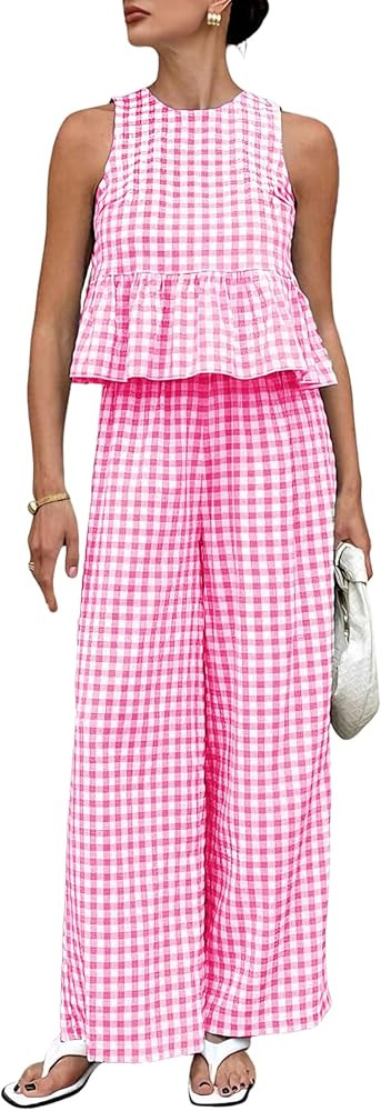 Tanming Women's 2 Piece Set Outfits Gingham Plaid Tank Tops Wide Leg Pants Matching Lounge Sets | Amazon (US)