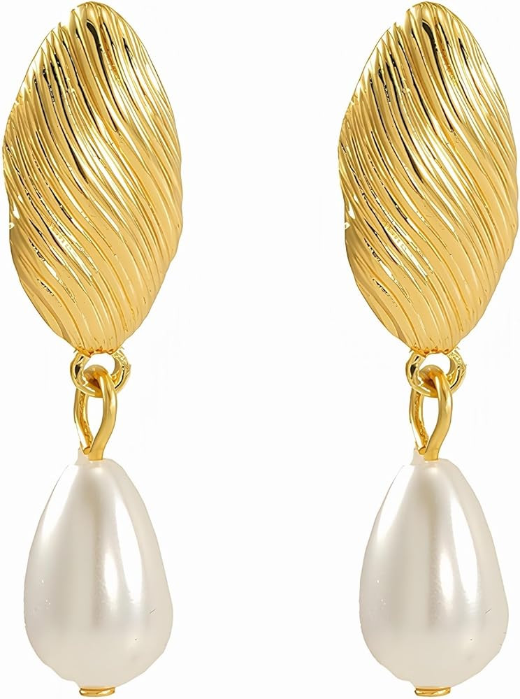 Amazon.com: Gold Pearl Earrings for Women - 18K Gold Plated Chunky Flower Drop Earrings Statement... | Amazon (US)