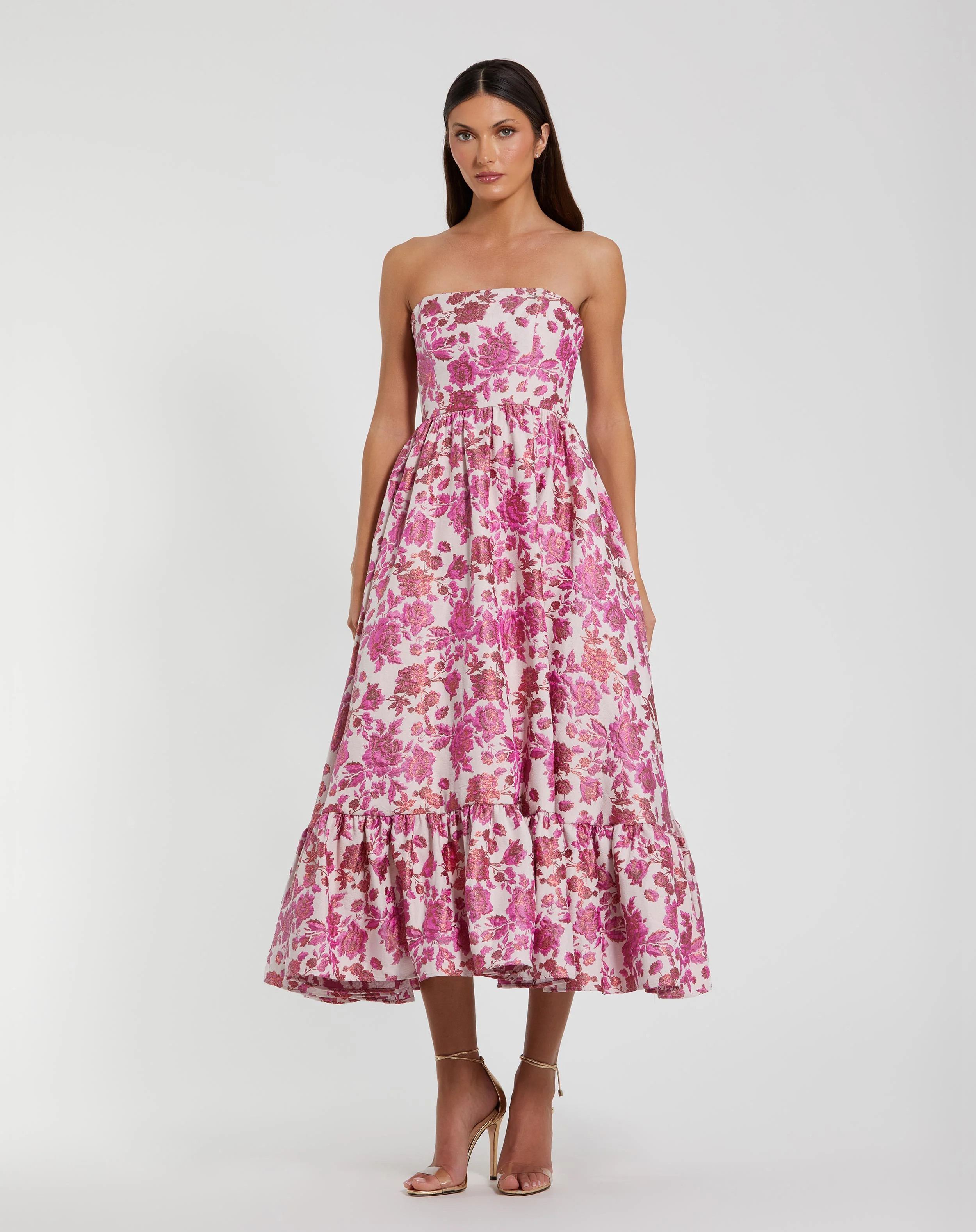 Pink Floral Brocade Strapless A Line Midi Dress - Mac Duggal | Mac Duggal