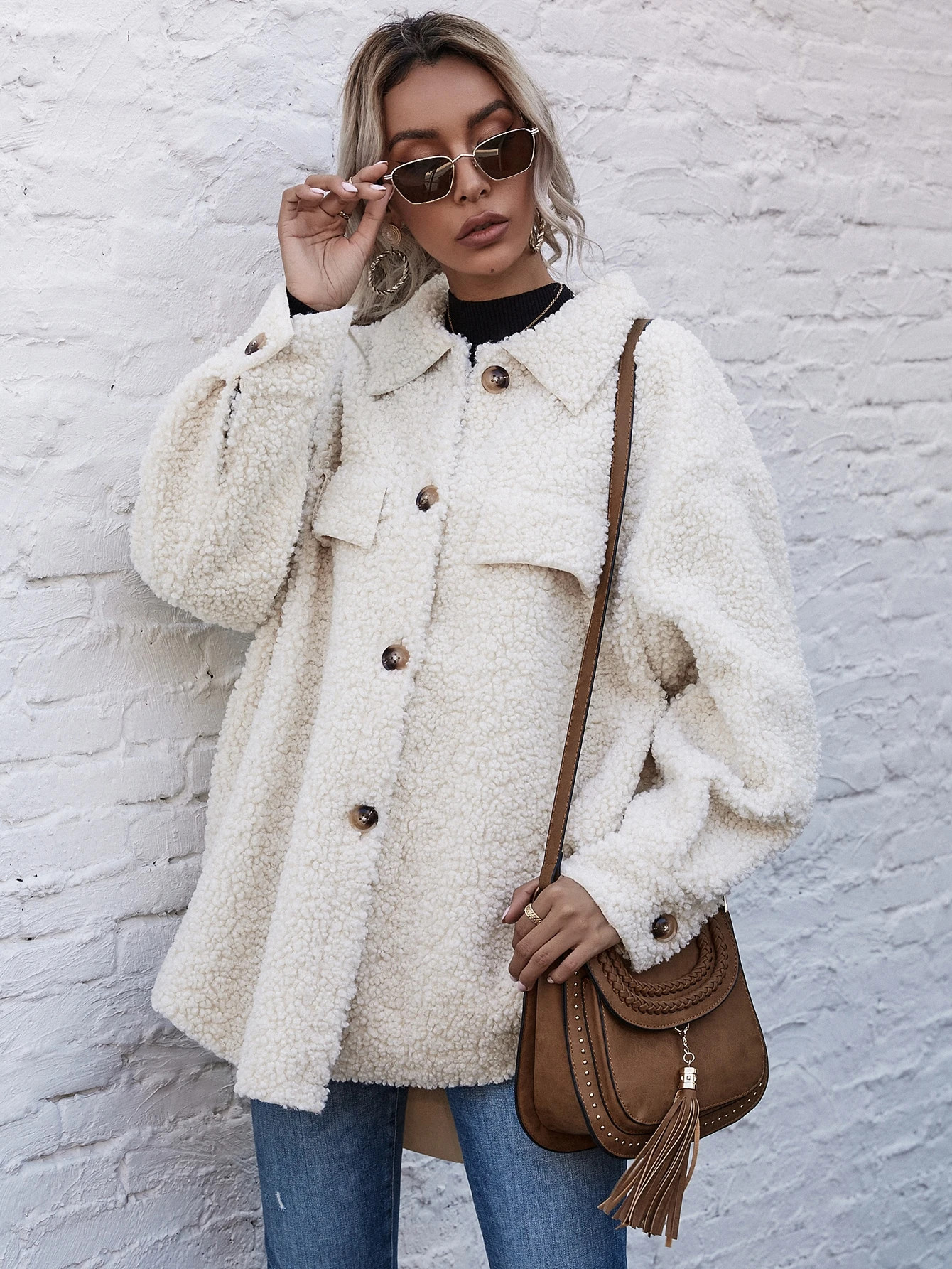 Button Up Drop Shoulder Teddy Coat | SHEIN
