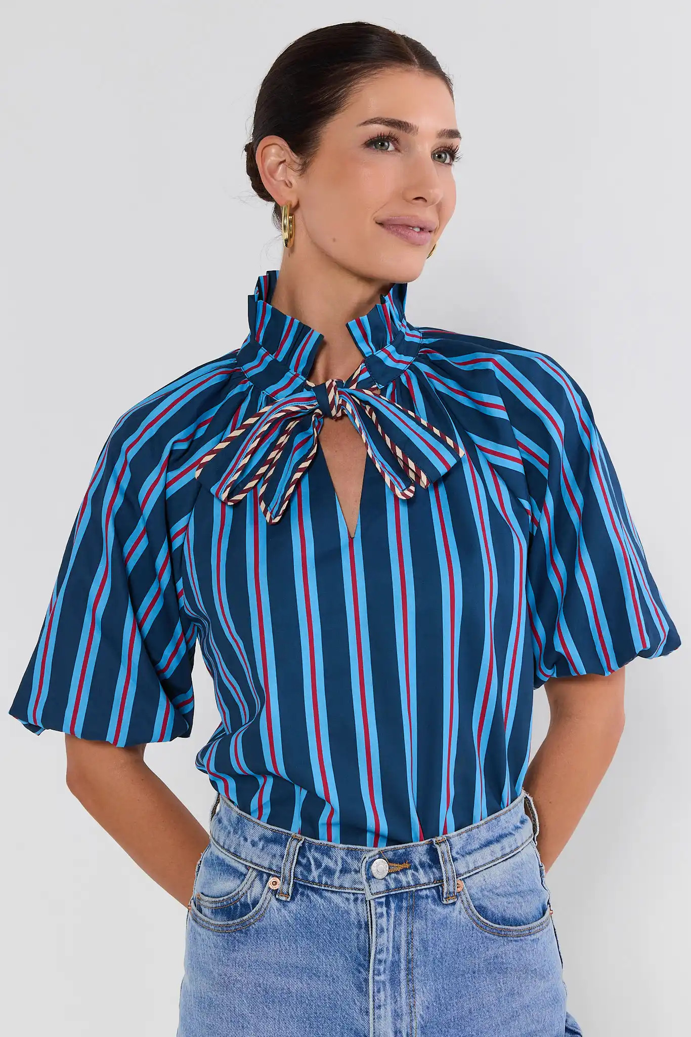 Blue Striped Tie Neck Top by THML | Avara