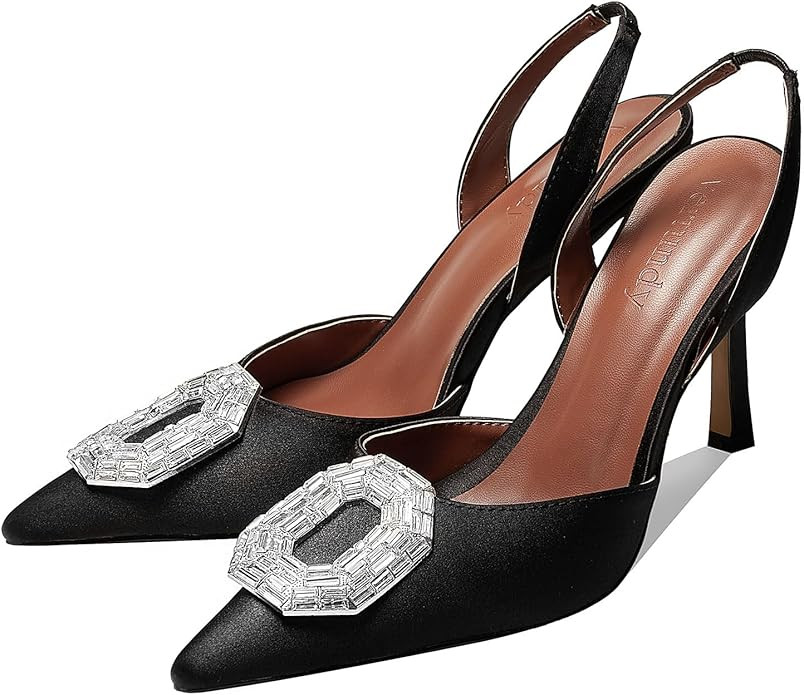 Vertundy Women's Rhinestone Slingback Pumps Pointed Toe Satin Crystal Stiletto High Heels Sandals... | Amazon (US)