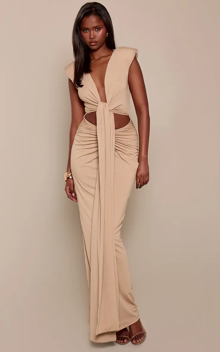Dresses | Beige Slinky Multiway Shoulder Pad Maxi Dress | PrettyLittleThing | PrettyLittleThing UK