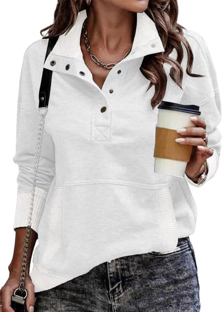 SHEWIN Women's Casual Long Sleeve Stand Neck Sweatshirt Lightweight Button Drawstring Pullover To... | Amazon (US)