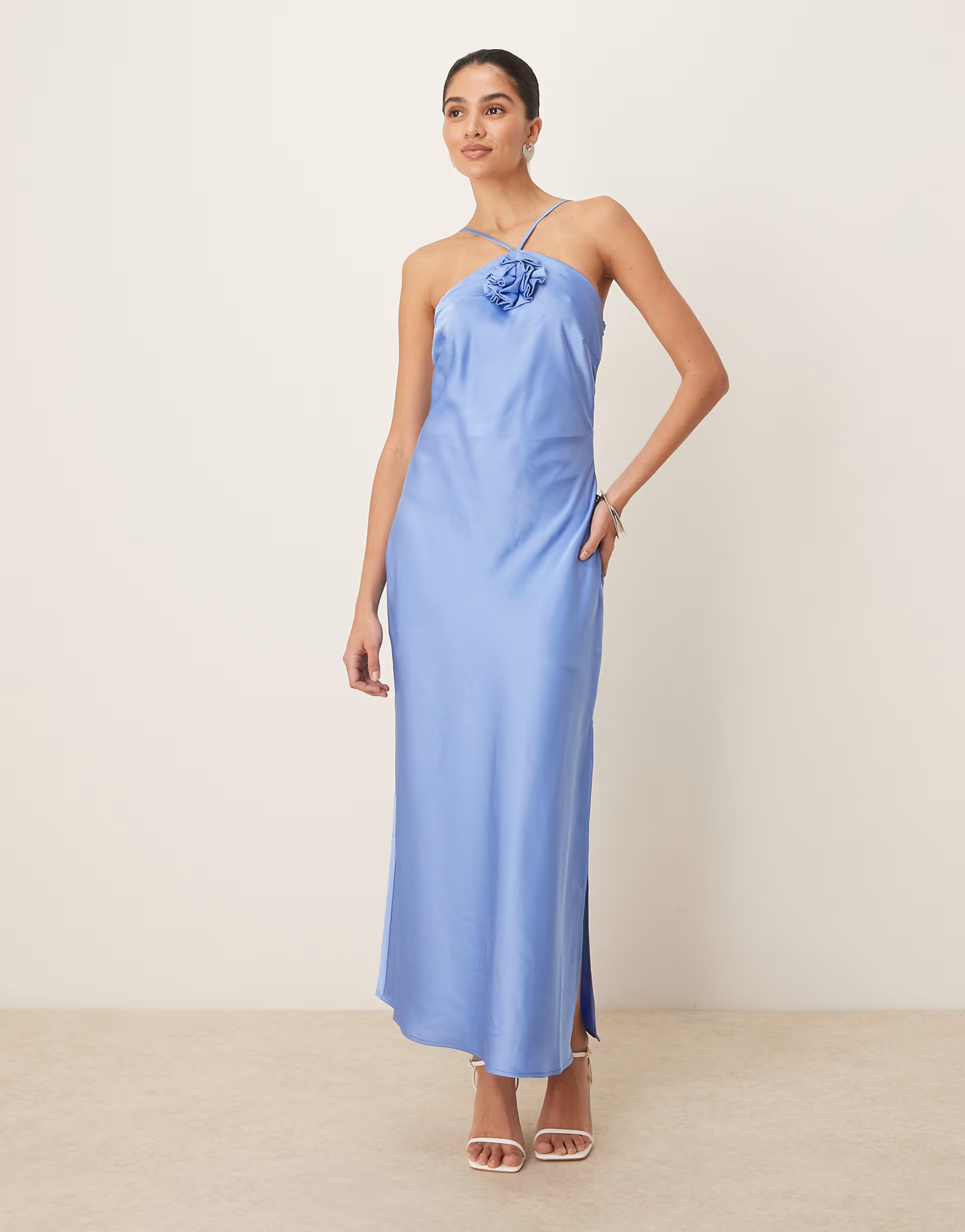 YAS halter neck satin maxi dress with corsage detail in provence blue | ASOS (Global)