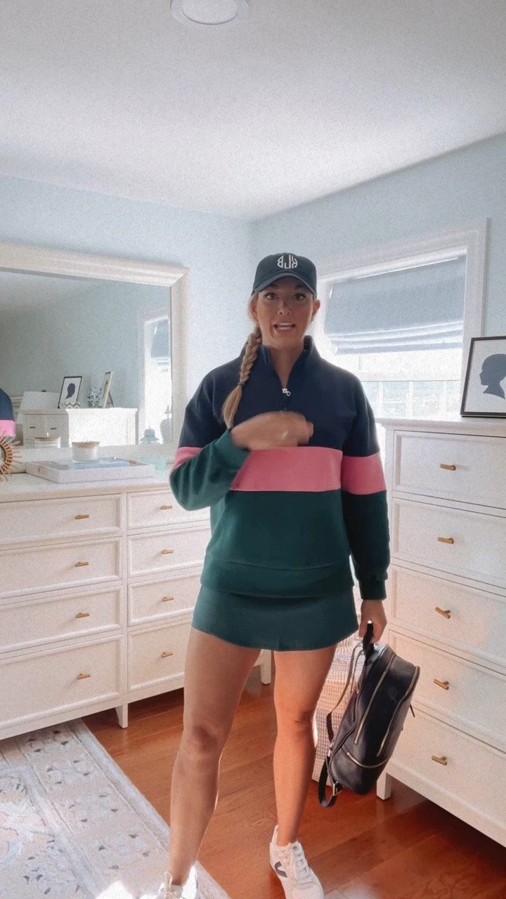Cutest fall everyday/hot girl walk look: rugby half zip from Addison Bay, cutest tennis skirt, personalized baseball hat from Bits and Bows, Canvas Style Bali bracelet stack in fall colors, Tretorn sneakers 

#LTKU #LTKSeasonal #LTKfit