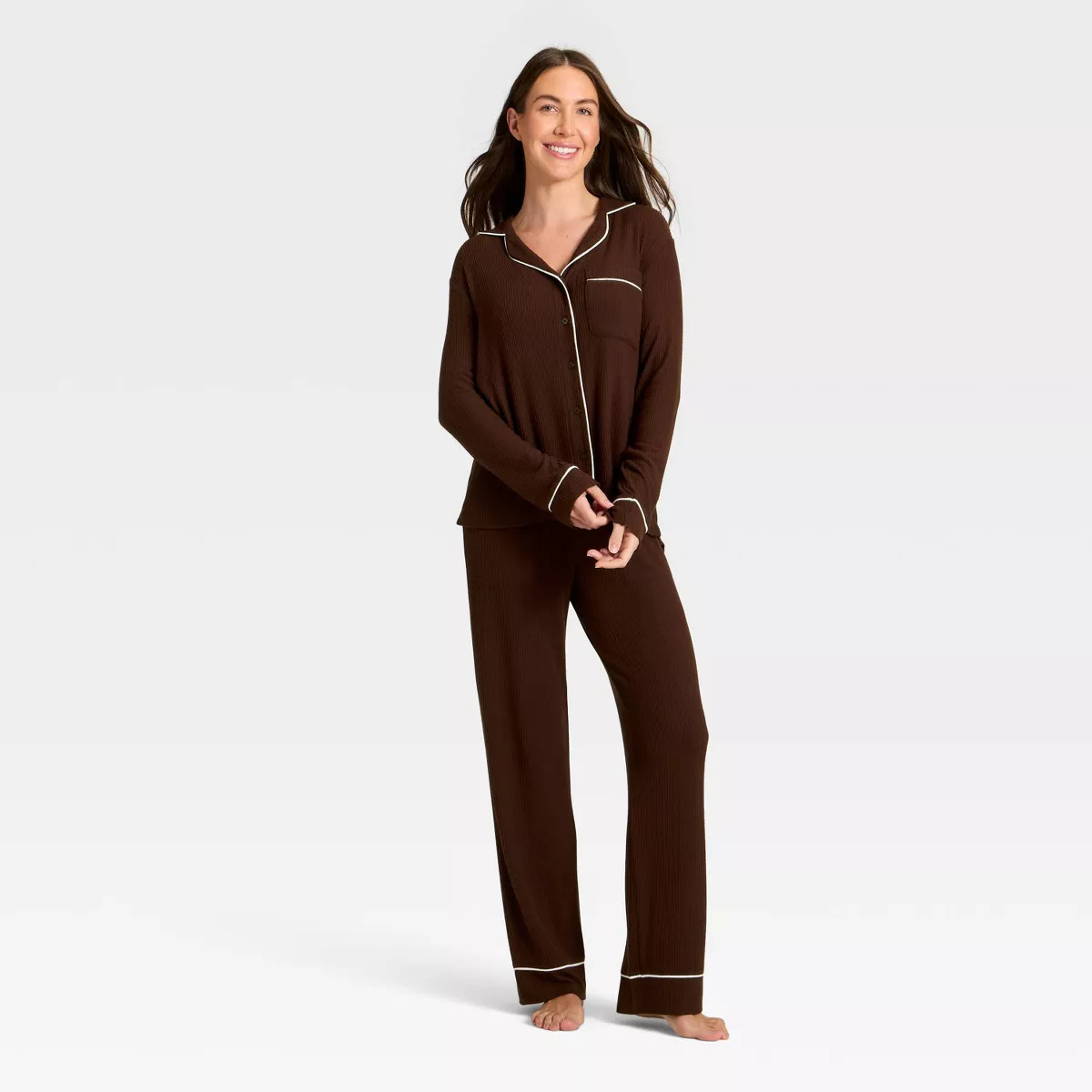 Women's Cozy Ribbed Notch Collar Long Sleeve Shirt and Pants Pajama Set - Auden™ Brown M | Target