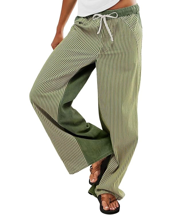 Low Rise Striped Pants for Women Pull On Drawstring Boho Wide Leg Jeans Trendy 2026 | Amazon (US)