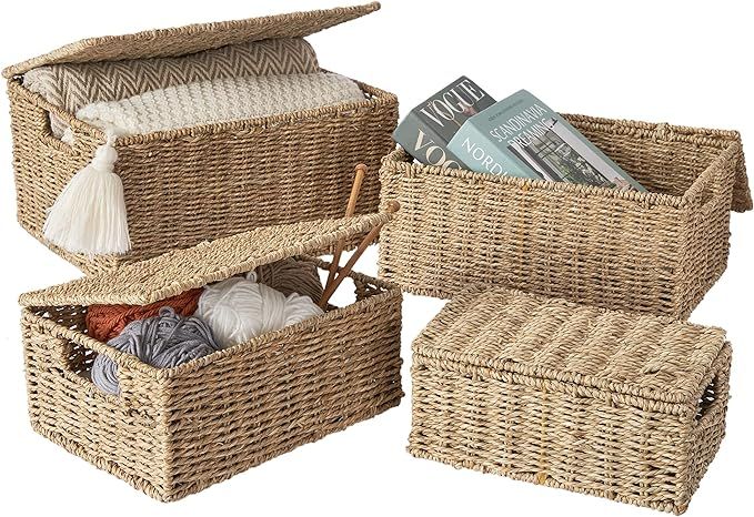 Artera Wicker Storage Basket - Set of 3 Woven Seagrass Baskets with Lid and Handle for Organizing... | Amazon (US)
