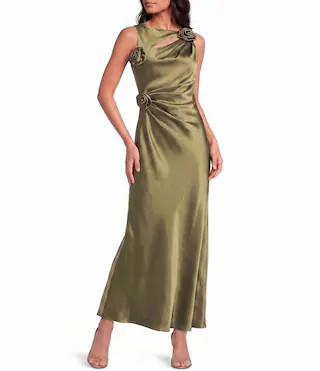 Gianni Bini Cheyanne Satin 3D Rosettes Cutout Round Neck Sleeveless Ruched Slip Maxi Dress - 4 | Dillard's