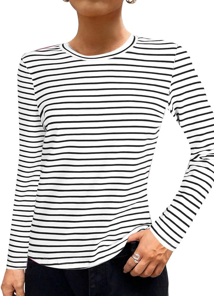 LilyCoco Womens Rainbow Striped Shirt Long Sleeve Colorblock Tops Crew Neck Fitted Tshirts | Amazon (US)