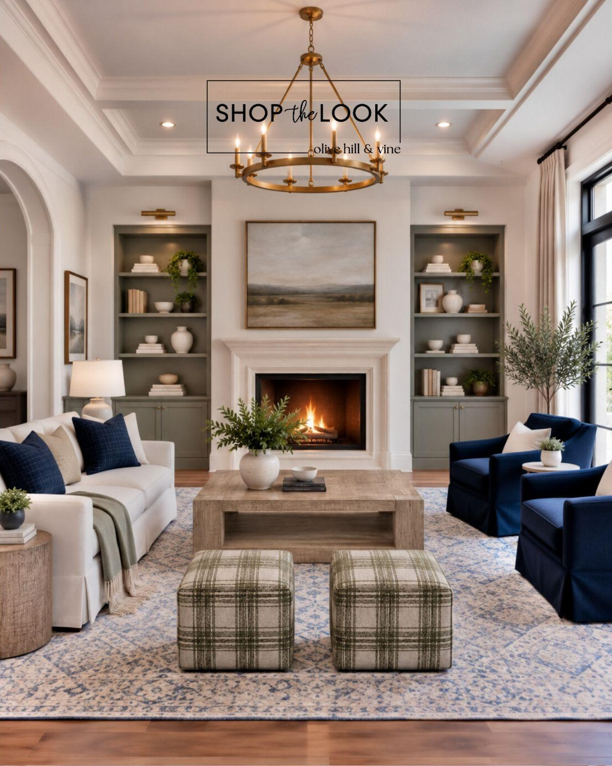 Rich navy, soft sage, and warm ivory create a living room that feels both polished and comfortable. Classic plaid, natural wood, and layered textures bring warmth and character to this timeless gathering space.

#LTKHome