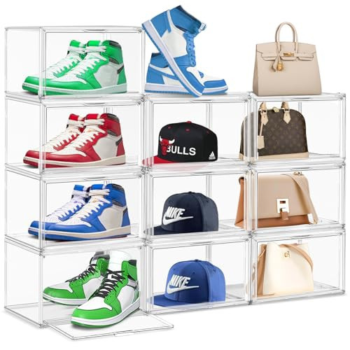 10 Pack Acrylic Shoe Box, Size 13 Sneaker Cases for Sneakerheads Clear Stackable Acrylic Display Case with Magnetic Door, Toy Hat Collectible Storage Organizer Bins for Entryway, Closet, Underbed | Amazon (US)
