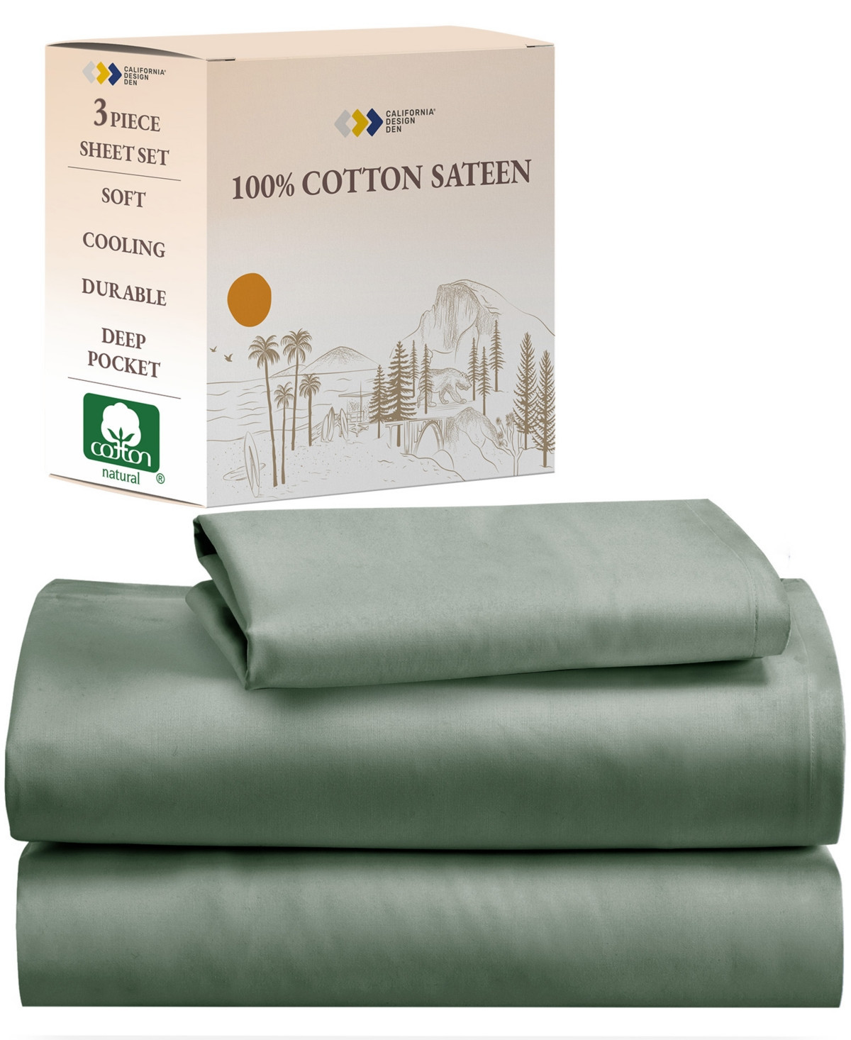 Soft 100% Cotton Sheets Set - Cooling Durable Sateen, Deep Pocket - Twin - Sage green | Macy's