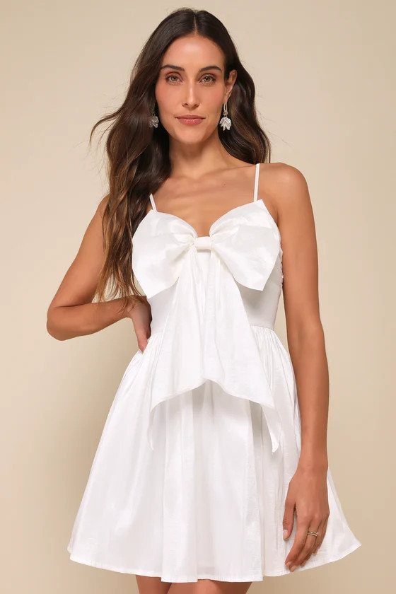 Majorly Adored White Oversized Bow Sleeveless Mini Dress | Lulus